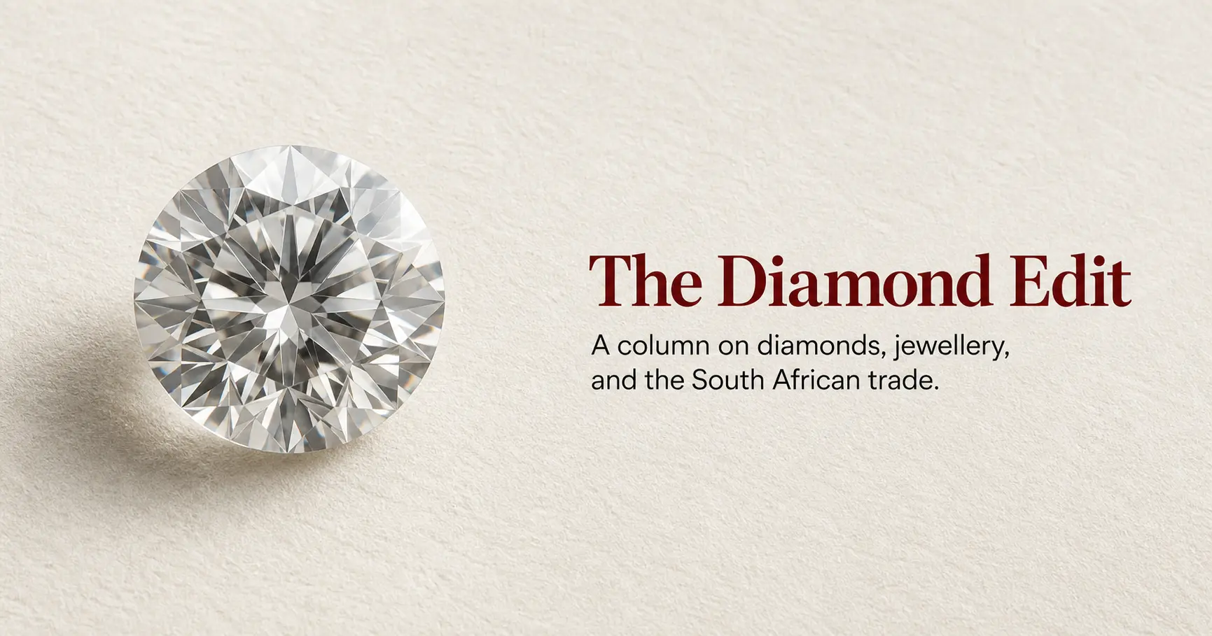 A single brilliant-cut diamond on cream paper with The Diamond Edit wordmark.